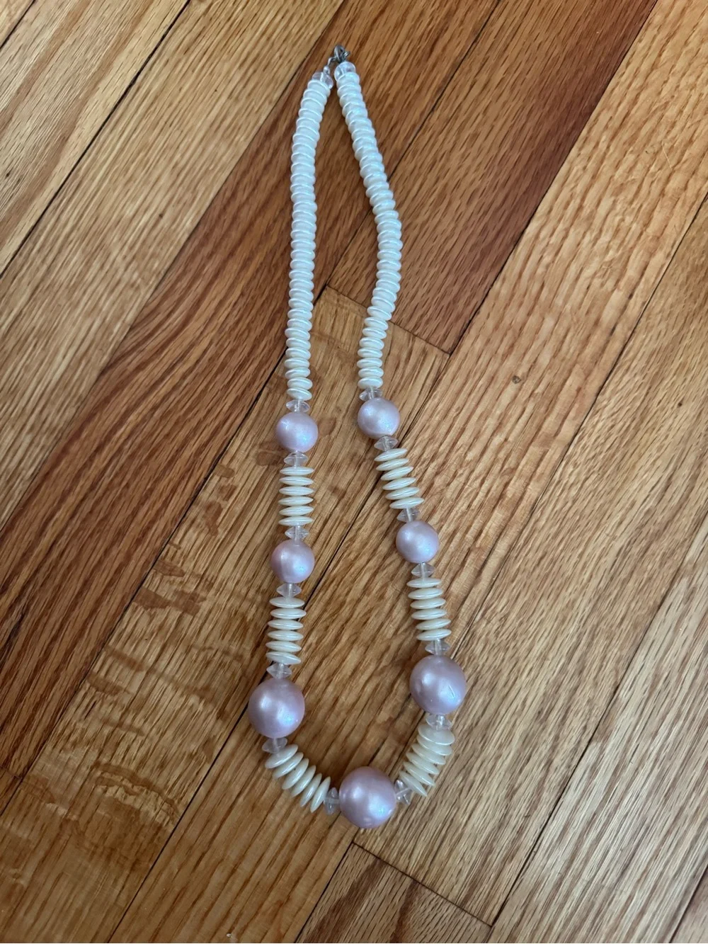Vintage Pearl-Look Pink Beaded Necklace with Cream Disk Accents
